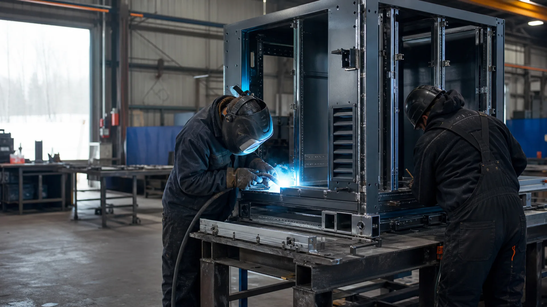 Conceptual tradespeople fabricating a modular steel compute enclosure