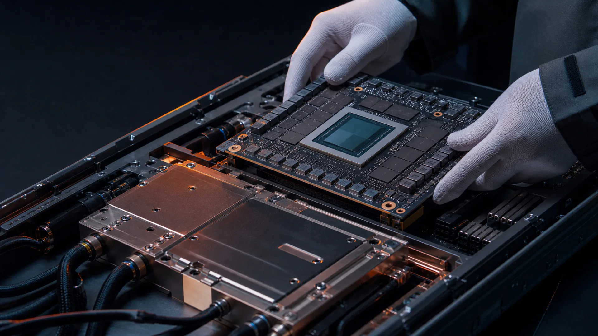 Conceptual integration of an unbranded AI accelerator with liquid-cooling hardware