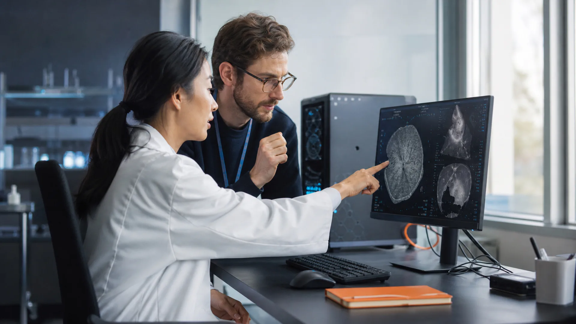 Conceptual clinicians reviewing synthetic medical-imaging research on a workstation